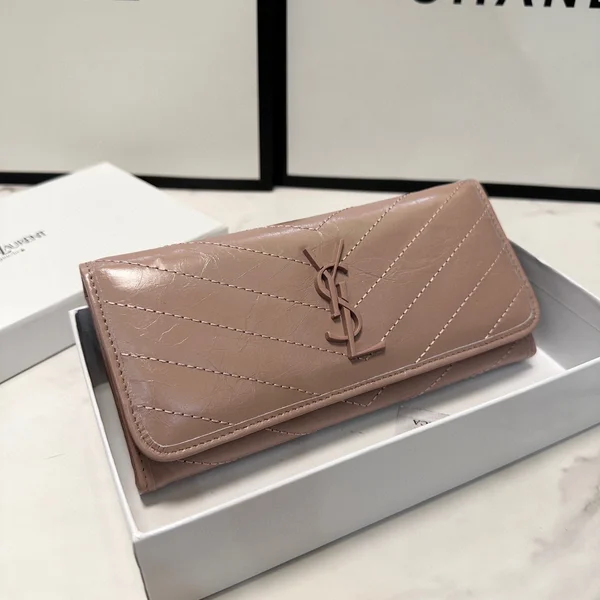 YSL イヴ・サンローラン ピンク ロングウォレット レディース インポートカーフスキン 19×10cm